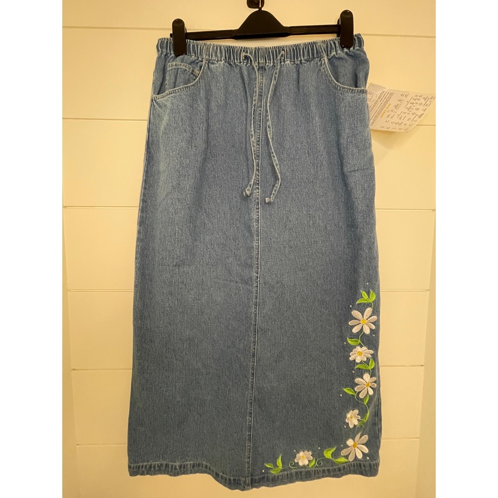 Quacker Factory Denim Maxi Skirt Large Blue Floral Embroidered Rhinestone NWT